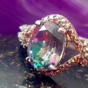 Mystic Topaz signed sterling silver ring 8 to 8 1/4 with marcasite